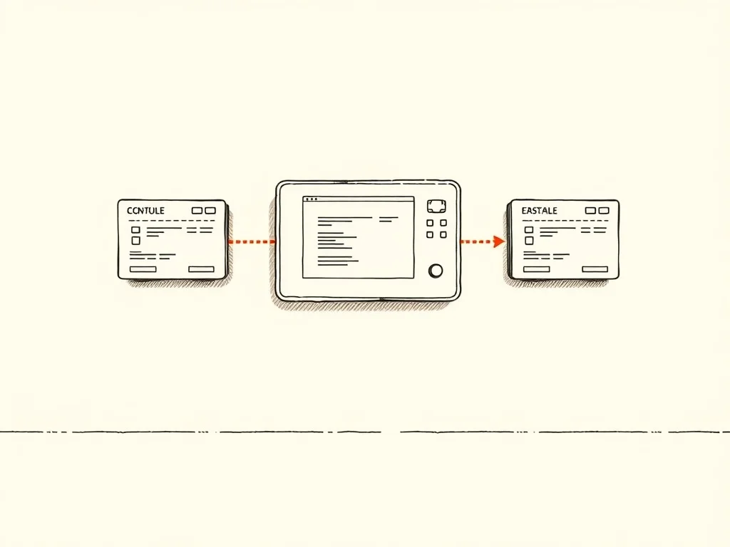 Panneaux d'interface en couches reliés par un fil rouge, illustration éditoriale monochrome